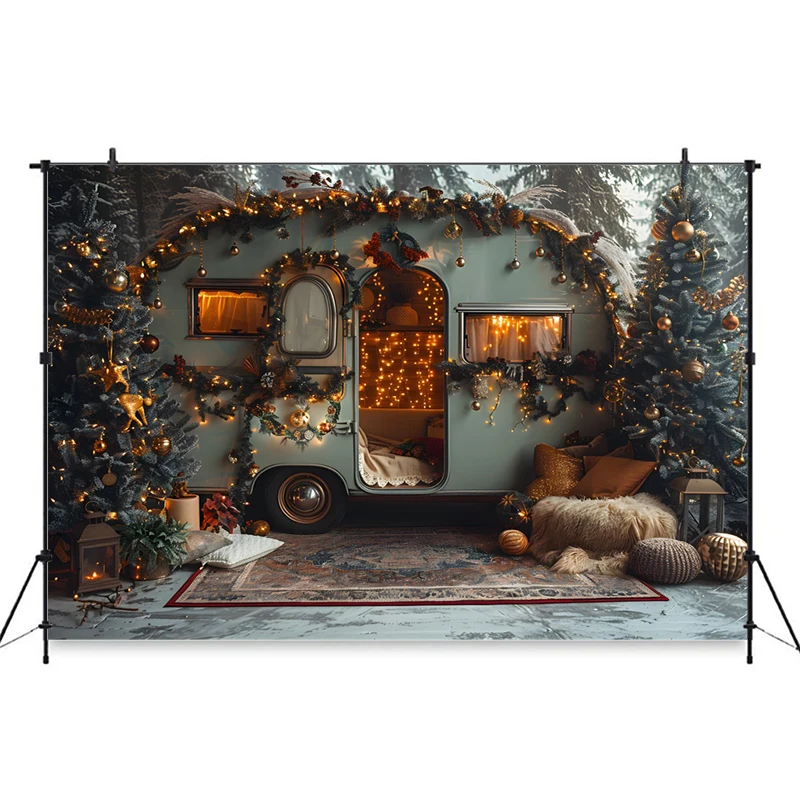 Christmas Touring Car Background For Photography Christmas Tree Golden Light Backdrops Stand Party Outdoor Decoration Photobooth