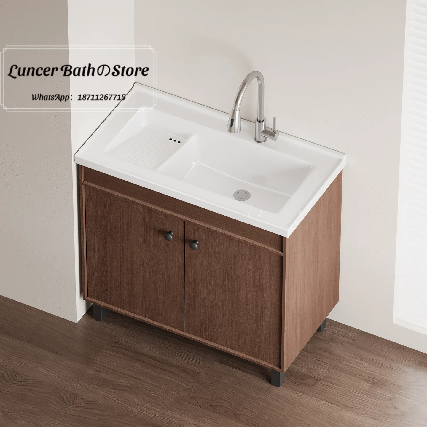 Medieval-style walnut-colored honeycomb aluminum scrubbing board with ceramic integrated basin