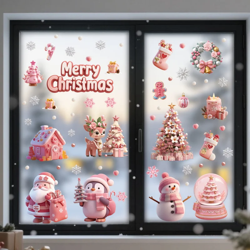 

Dreamy Fairy Tale Style Cute Santa Claus Snowman House Elements Party Decoration Cling Window Sticker Self-Adhesive Removable