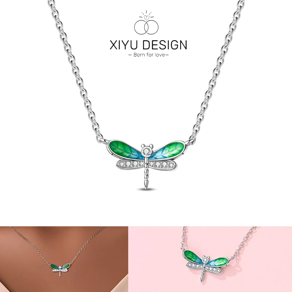 

S925 Silver Heart Necklace Cute green dragonfly Choker Fashionable Luxury Chains Women Jewelry Gift Valentine's Day Gift