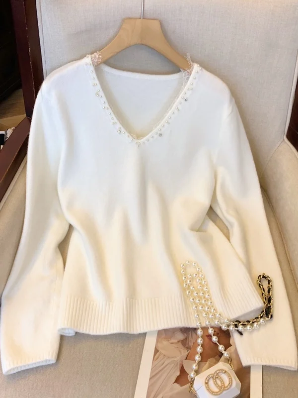 ey الدانتيل الربط فضفاض محبوك V-Ne المرأة الخريف الشتاء الثقيلة مزين الماس قاعدة سترة مريحة تريكو #3