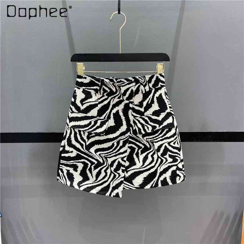 

Sexy Asymmetric High Waist Zebra Stripes Short Skirts Women 2023 Summer New Anti-Exposure Slim A- Line Hip-Wrapped Skirt Trendy