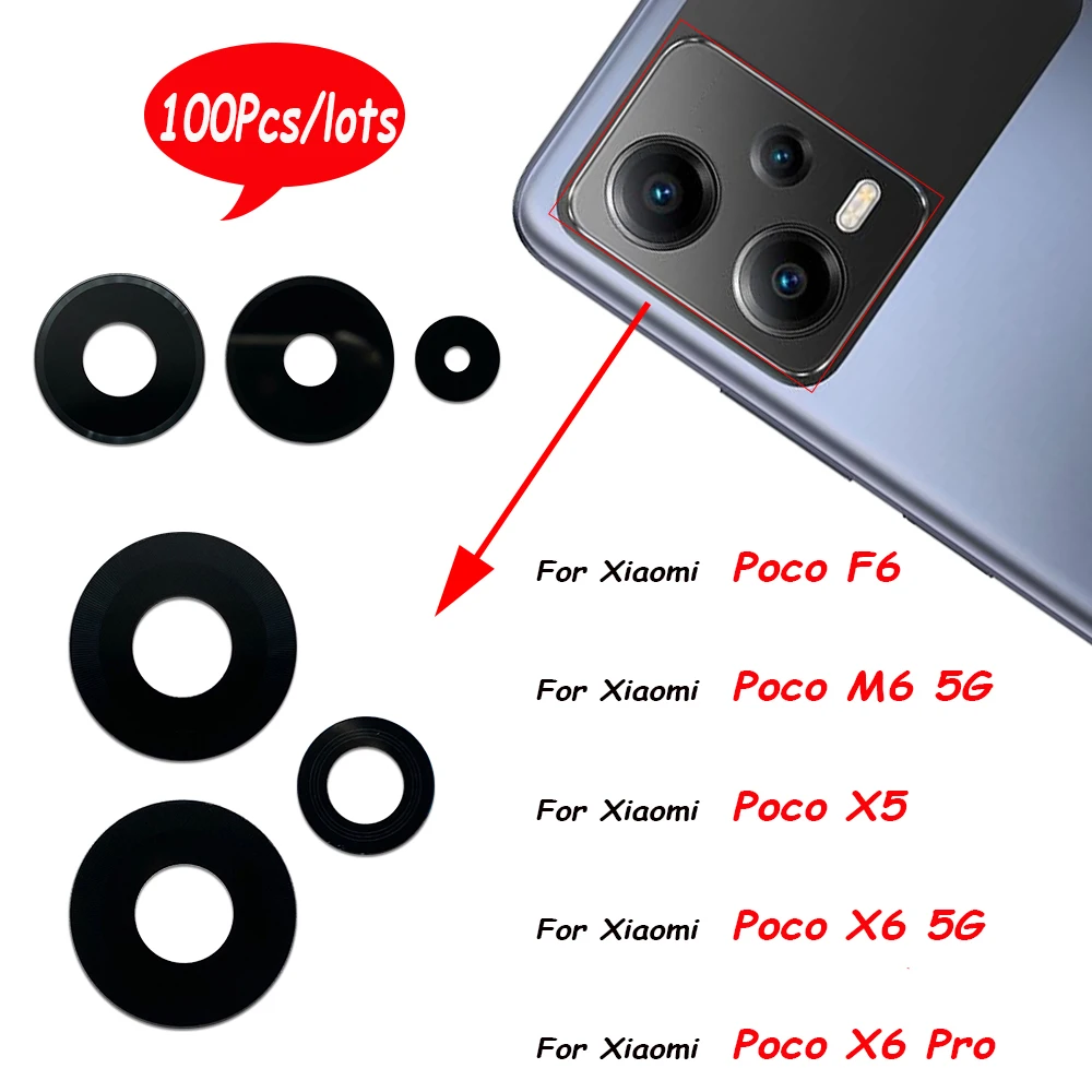 100Pcs，Rear Camera Glass Lens Cover With Glue Sticker For Xiaomi Poco F6 M6 5G M6 Pro X5 X6 Pro C40 F3 F4 X4 GT M4 M5S