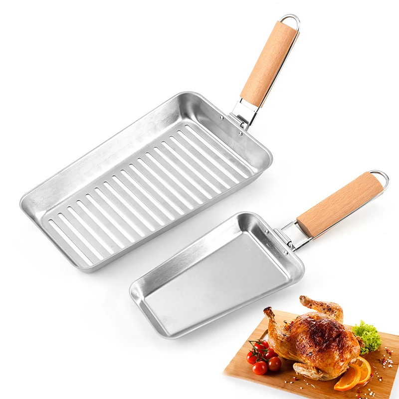 

304 Stainless Steel Barbecue Flat Bottom Tray Detachable Wooden Handle Baking Pan Roasting Meat Plate Grill Cooking BBQ Tool