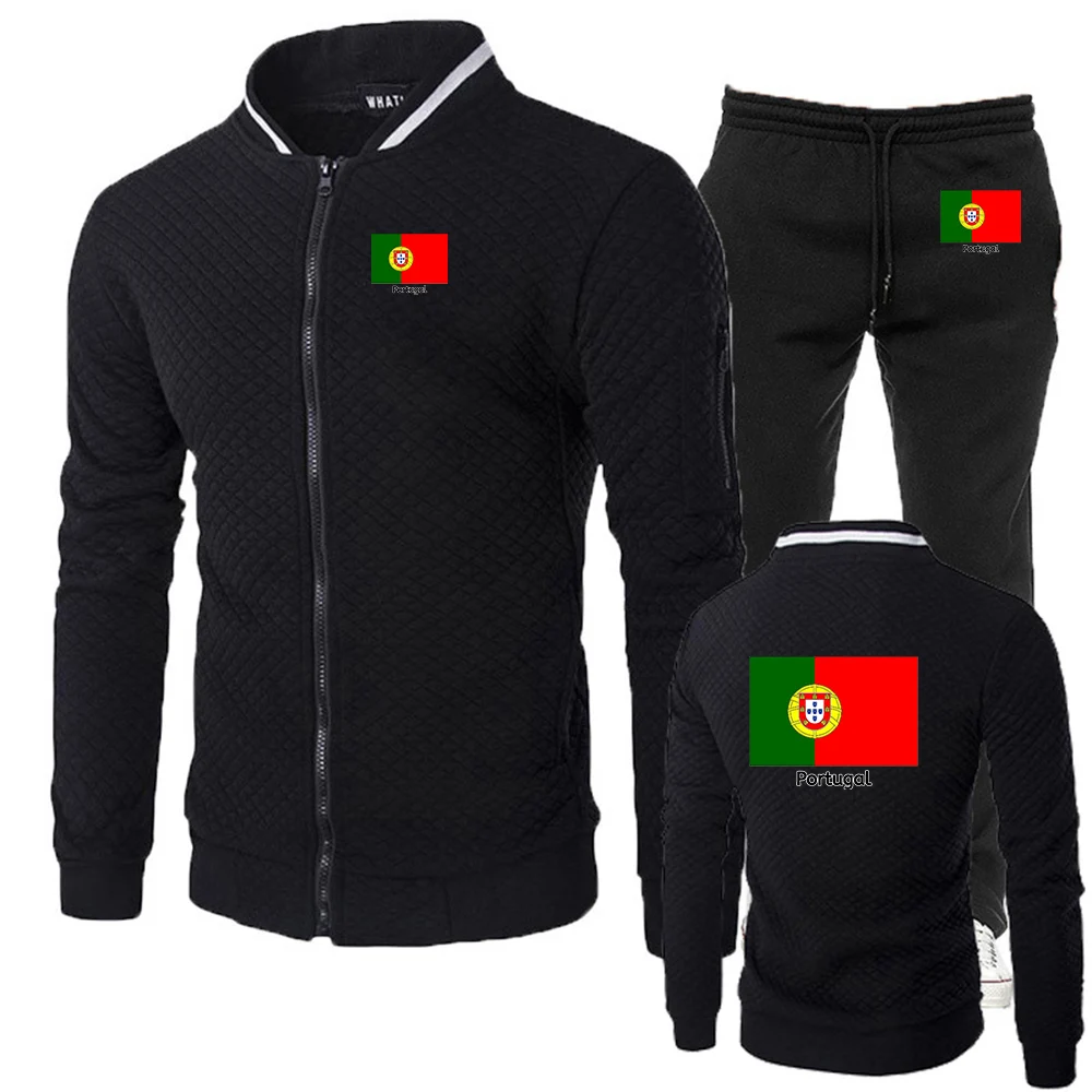 

2026 Portugal Flag Spring And Autumn Men's New Football Team Print Zipper Cotton Jacket Leisure Sweatpants Fitness Suit