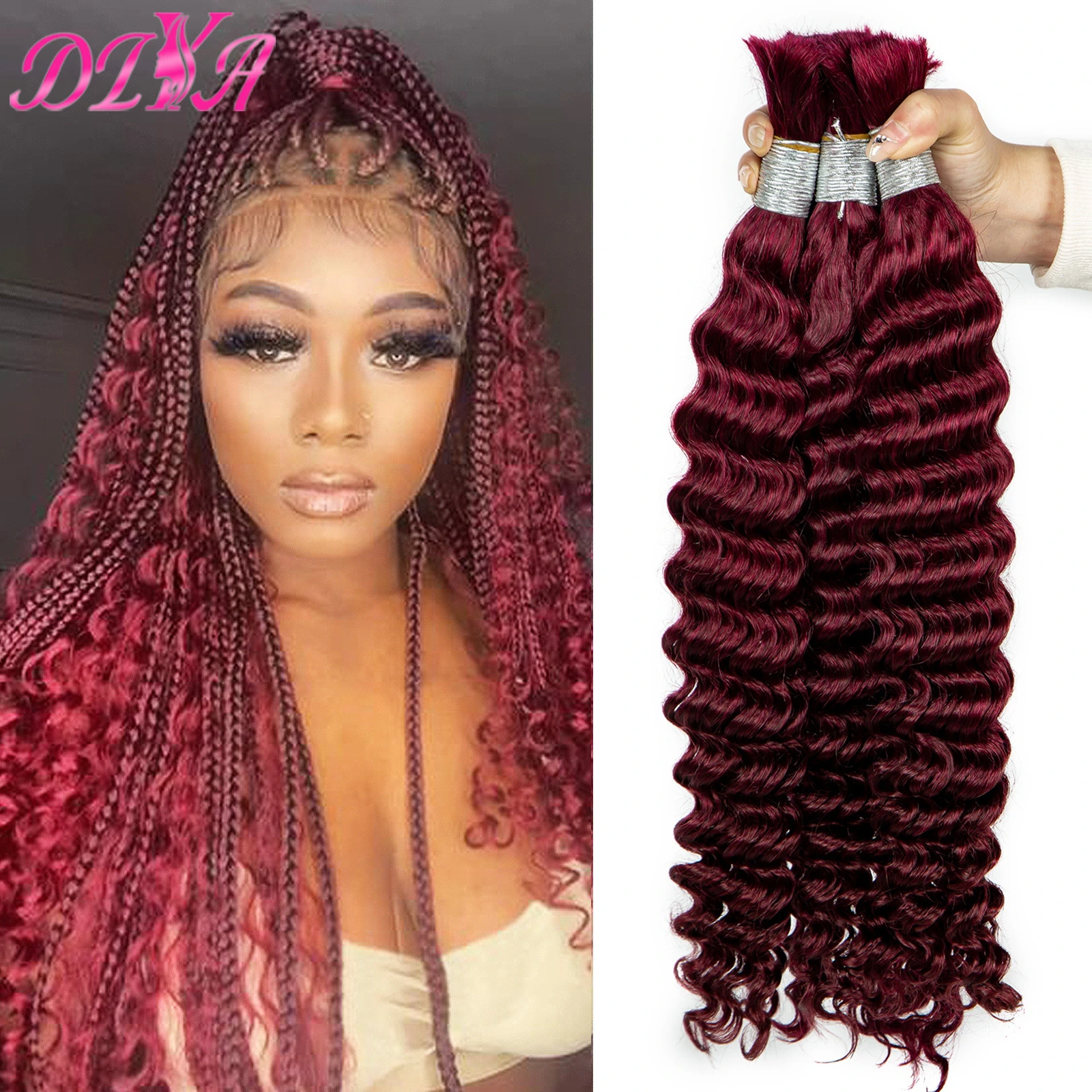 100% Human Hair Bulk 99J Burgundy Deep Wave Hair Bulk for Boho Braiding 16-28 Inches No Weft Virgin Hair Bundles Extensions