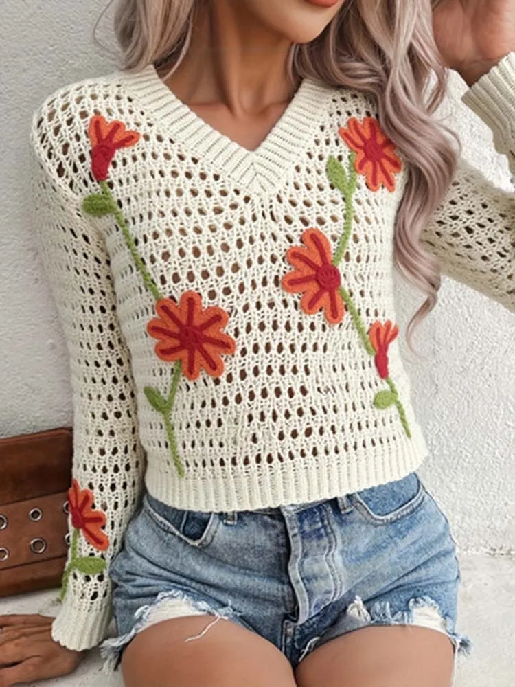 

Ladies' hollowed out contrasting three-dimensional flower embroidery craft V-neck pullover woolen top, elegant, casual