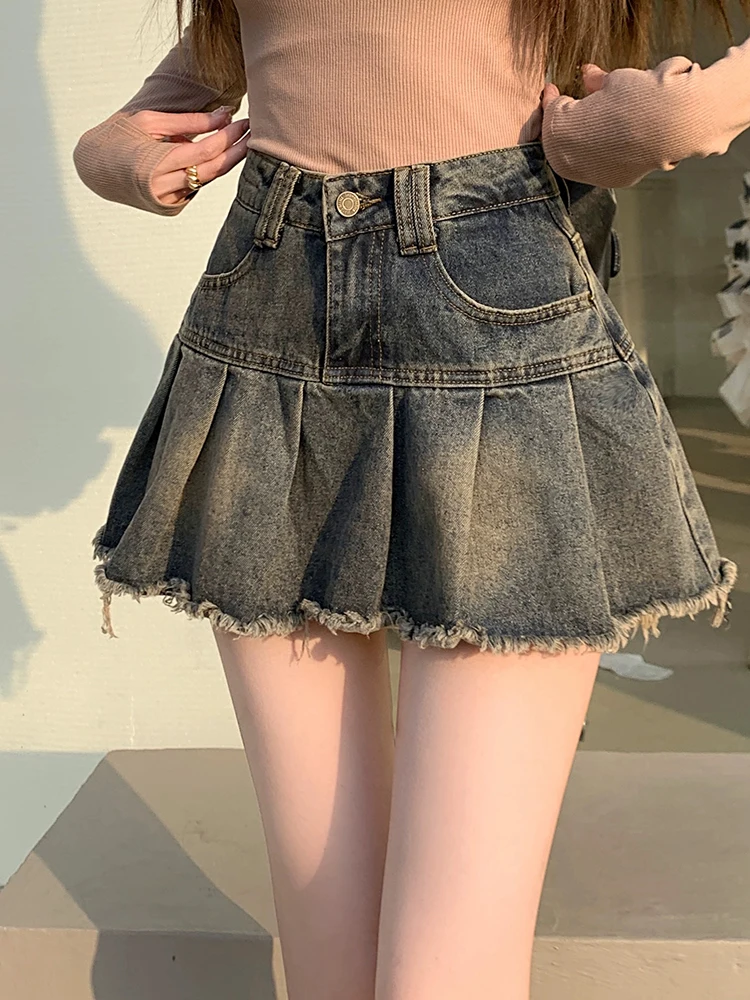 Rok Denim wanita model A-line kasual ramping pinggang tinggi seksi Vintage musim semi baru kancing ritsleting XS-XL mode