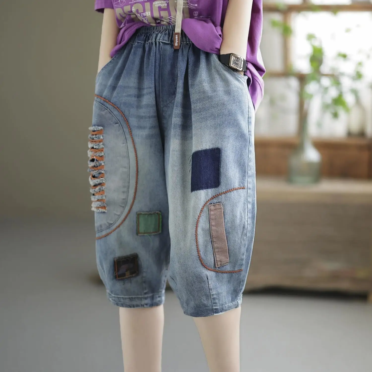 Knee Length Denim Pants 2024 Summer Patch P Embroidered Jeans Shorts Women Loose High Waist Casual Harem Pants Capris