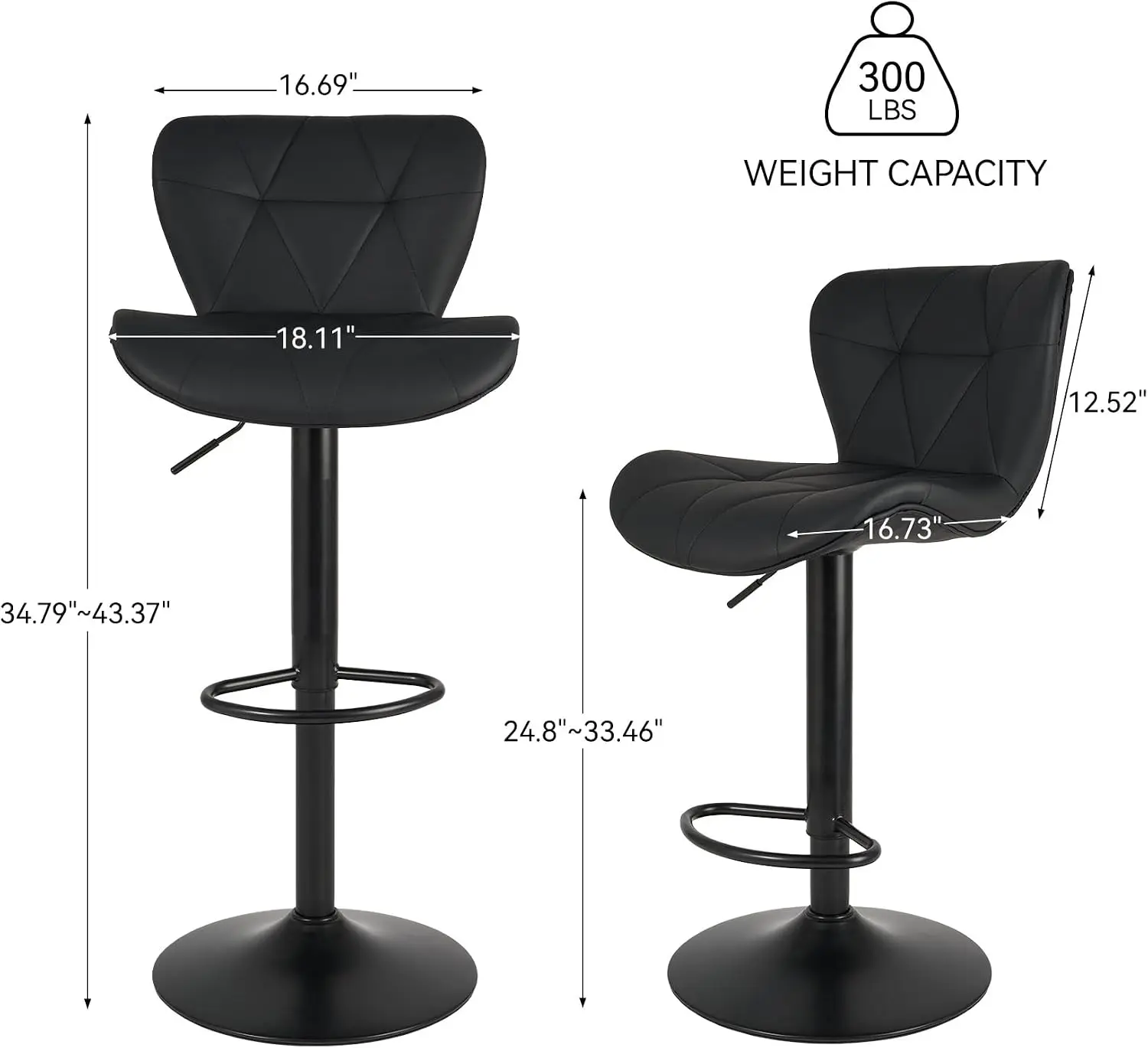 Modern Bar Stools Set of 2, Adjustable Faux Leather Upholstered Swivel Bar Stools, Counter Height Bar Chairs with Back for Kitch