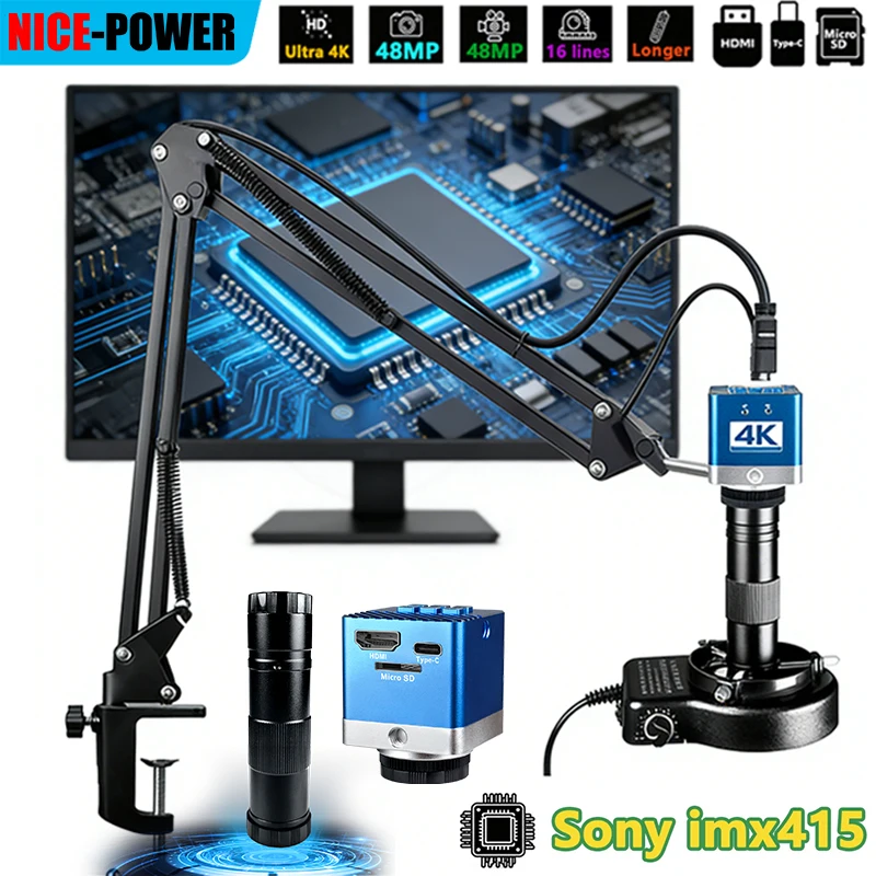 NICE-POWER 4K 60MP Soldering Microscope for Electronics,48MP/13MP 1080P HDMI Type-C/USB Industrial Video Microscope Camera 150X