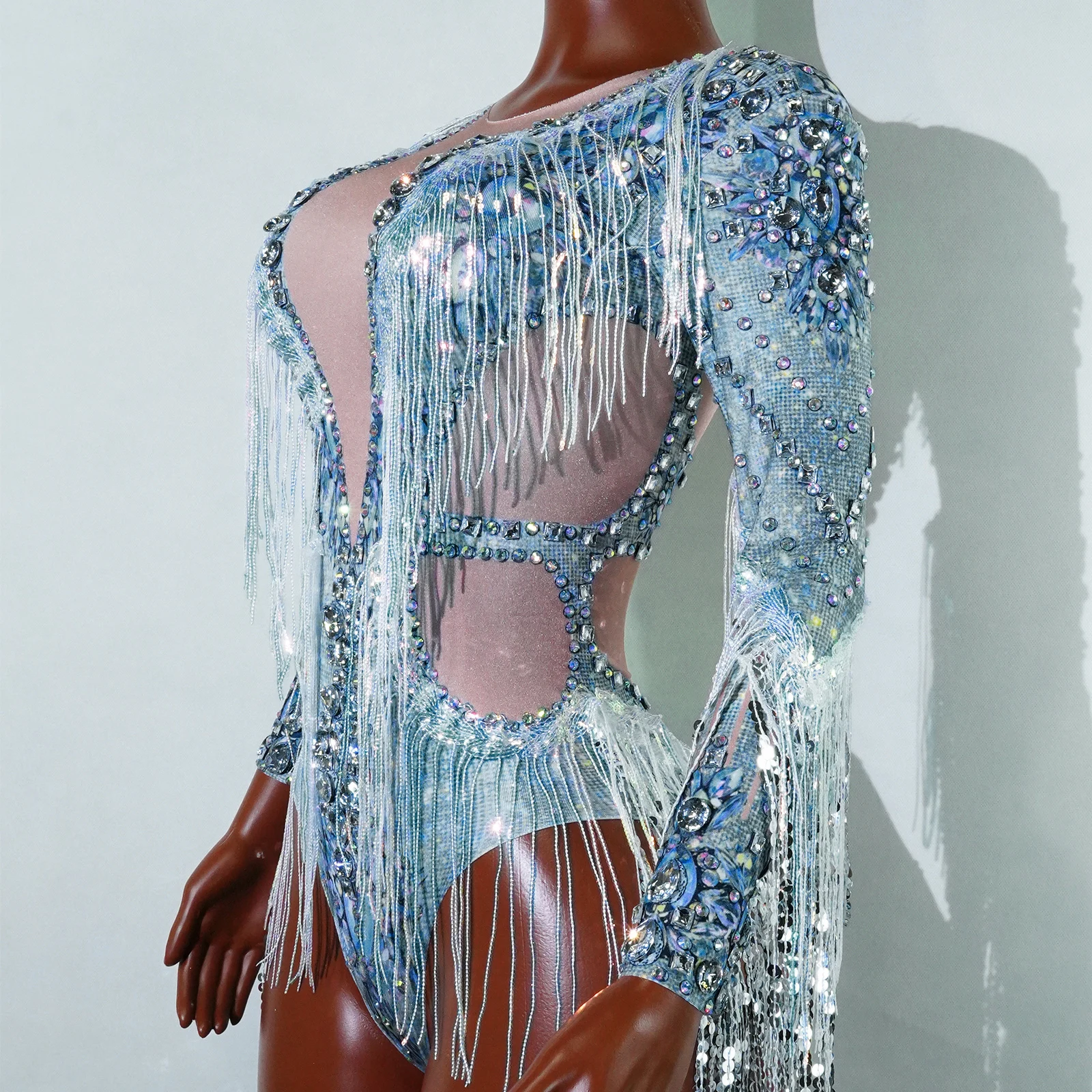 Sparkly Rhinestones Sequins Fringes Printing Bodysuit Nightclub Party Performance Singer Dancer  Drag Queen Outfit Stage Wear