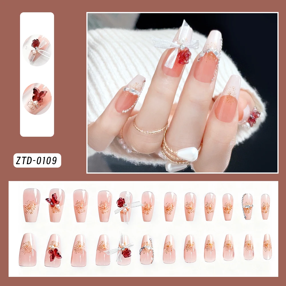 24 Uds. De lazos elegantes y Camelia, uñas postizas francesas con mariposas rojas en 3D, diamantes de imitación de resina, ataúd largo, puntas de extensión de uñas postizas