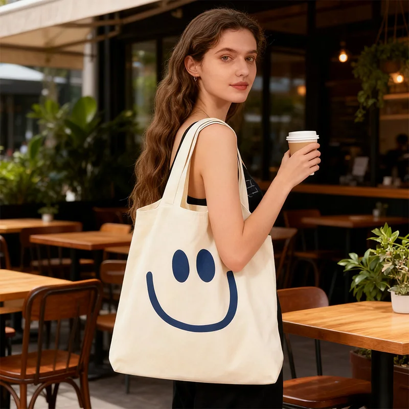 

Shopping Bag Women's Canvas Tote Smiley Face Print Pure Cotton Portable Shoulder Shopping Bag Grocery Tote