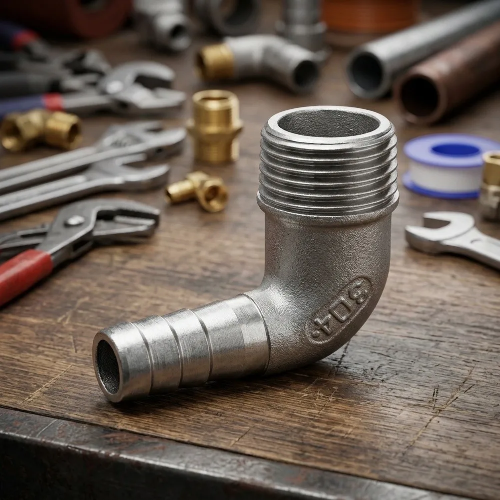 Stainless Steel 90 Degree Elbow Fitting for Industrial Hose Applications with NPT Male Thread and Hose Barb End