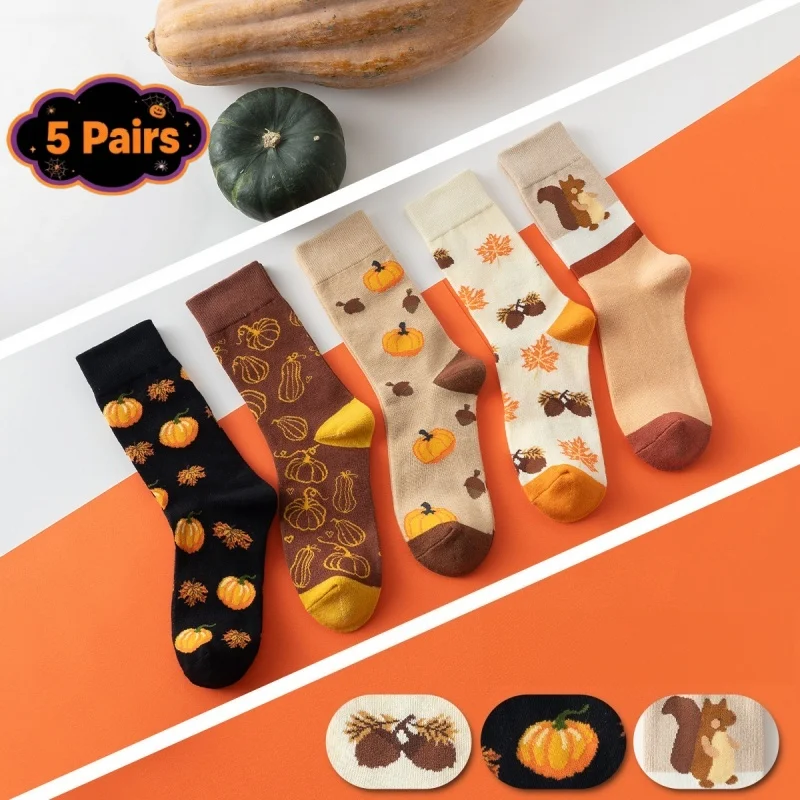 5 Pairs/Lot Women's Halloween Mid Calf Socks Cute Pumpkin Squirrel Maple Leaf Print Socks Versatile Comfortable Casual Socks