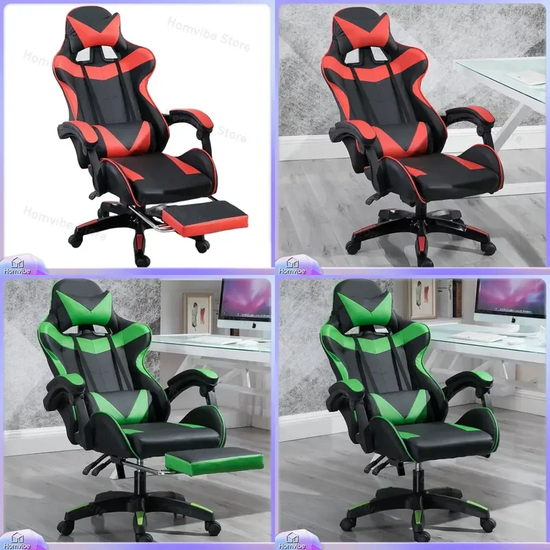 Cadeira Gamer Econômica para PC em Couro PU Vermelho e Preto, Estilo Ergonômico de Corrida, Cadeira de Escritório para Computador com Suporte Lombar