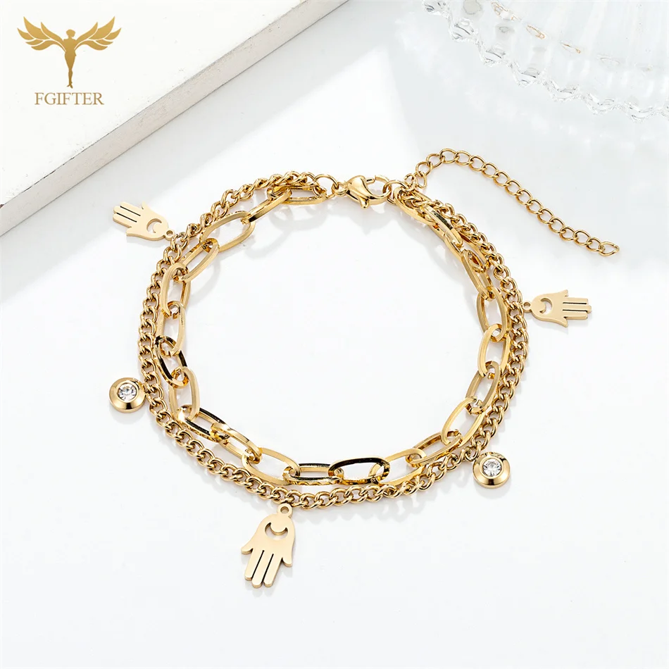 Fashion Hamasa Hand Bracelets for Women Golden Stainless Steel Charms 2 Lays Chain Lobster Clasp With Extend Line Jewelry