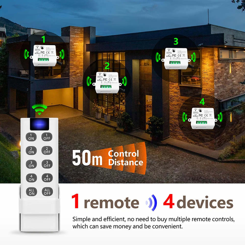 Interruptor de luz inteligente inalámbrico RF, 433MHz, 110V, 220V, Mini módulo receptor de relé, Control remoto 4 en 1, para lámpara de luz Led,