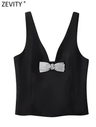 Zevity New Women Sexy V Neck Diamond Bow Design Black Vest Blouse Female Chic Sleeveless Side Zipper Shirt Blusas Tops LS267