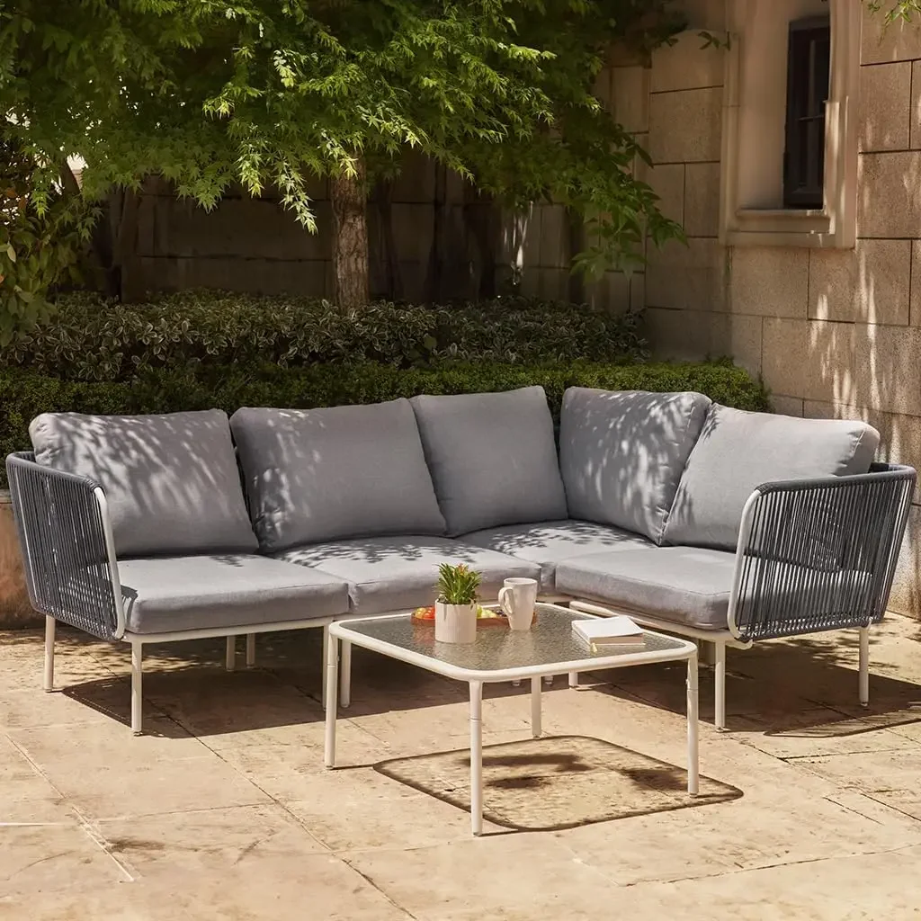 5-Piece Montauk Modular Furniture, Outdoor Corner Sofa with Cushion and Glass Coffee Table Modern Patio Conversation Set