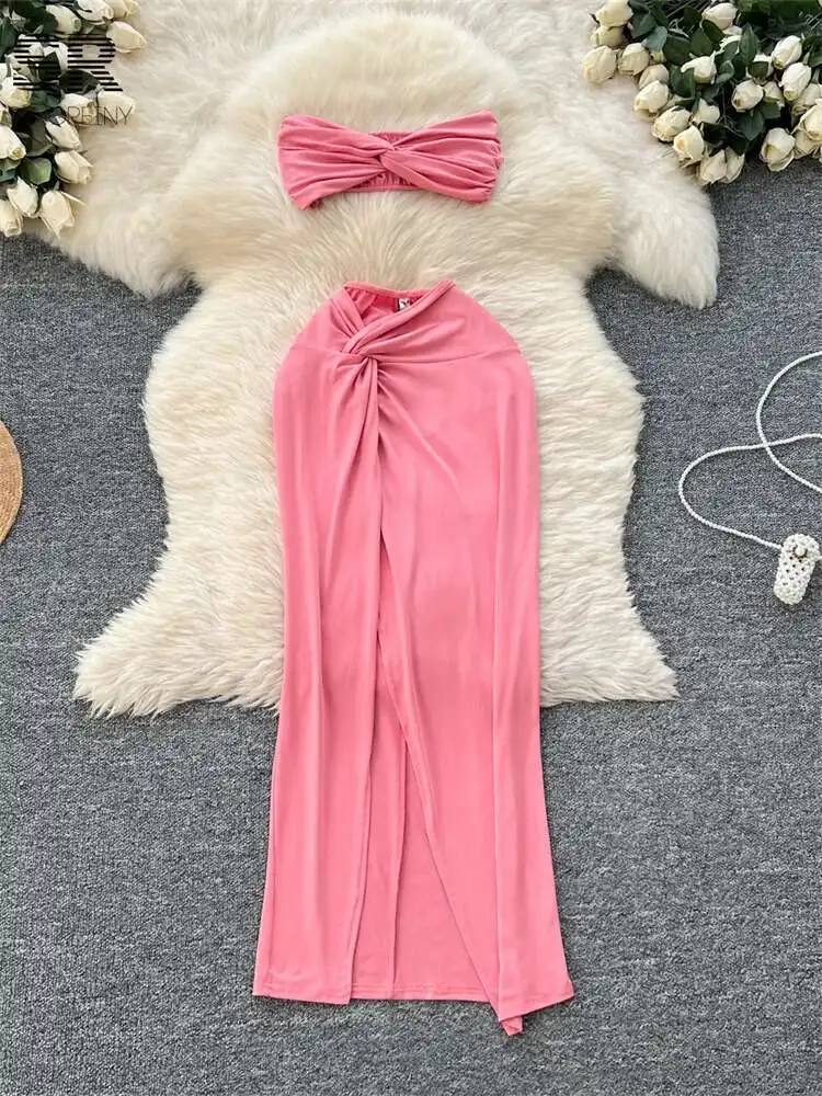 BabYoung été Sexy deux pièces costumes femmes sans manches hauts sans bretelles + jupe moulante fendue froncé Ins ensembles de mode croisés