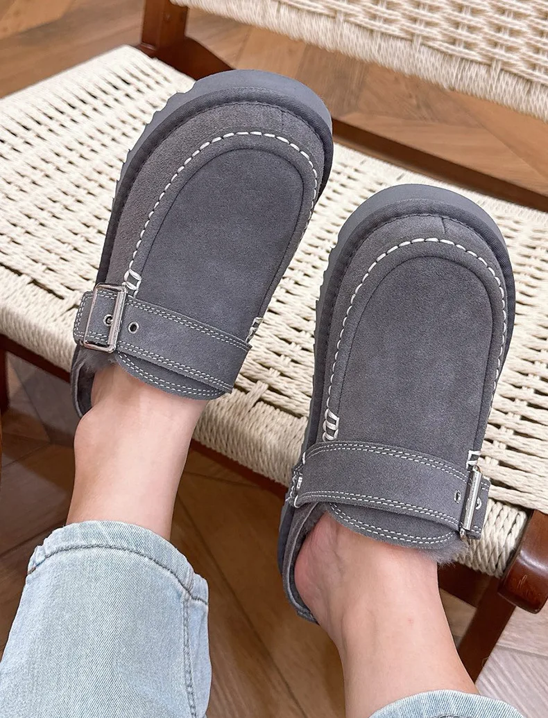 Neue Damen-Schlappen aus Rindsleder und Wolle, Schneestiefel mit Zehenkappe, erhöhte Sohle, warm, stoßdämpfend, dicke Sohle, lässig, für Paare – Detail 9