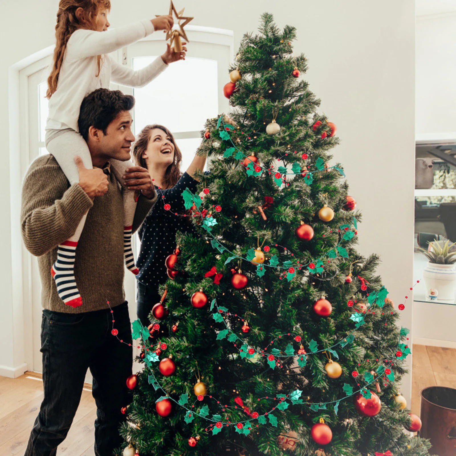 

1 Roll Christmas Tinsel Garland Decorations Diy Craft Red Berry Ribbon Party Holiday Home Tree Stair Fireplace Decoration