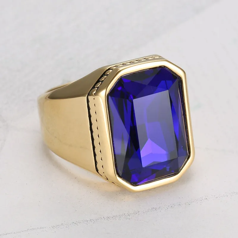 Big Square Gemstones Titanium Stainless Steel Rings for Men 18K Gold Filled Bands Masculine Cool Accessories Drop Shipping Hot