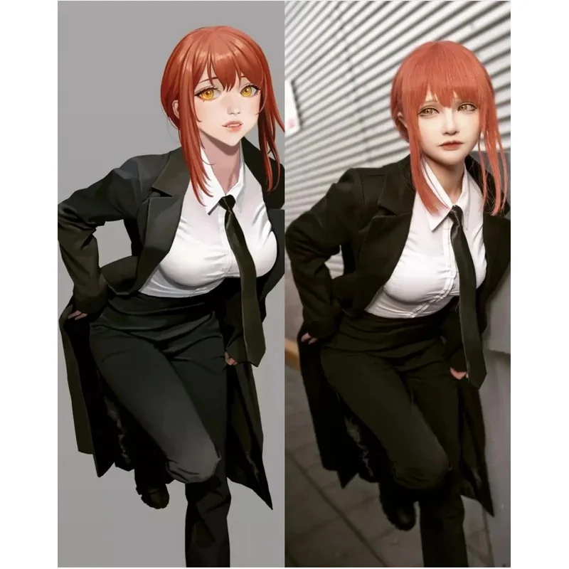 2025 11 Anime motosierra hombre Cosplay disfraz negro gabardina camisa corbata pantalones Makima peluca larga trenza roja claro hombres mujeres traje Un