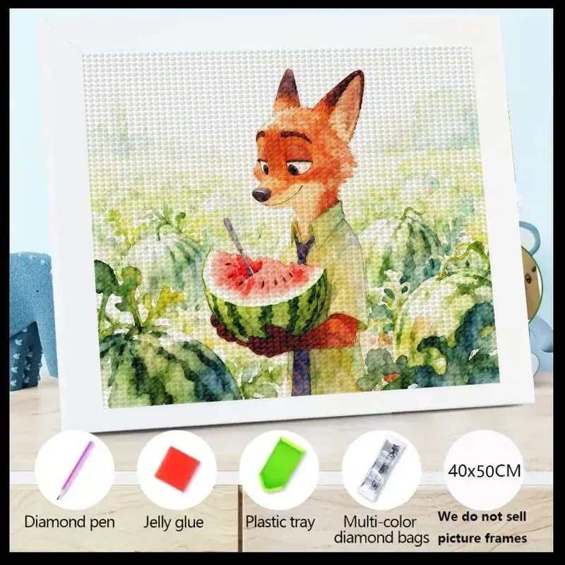 

1PC DIY 5D Full Drill Diamond Painting Kit, Cute Cartoon Nick Wilde Fox Enjoying Watermelon in Summer Field Scene, Vibrant Cryst