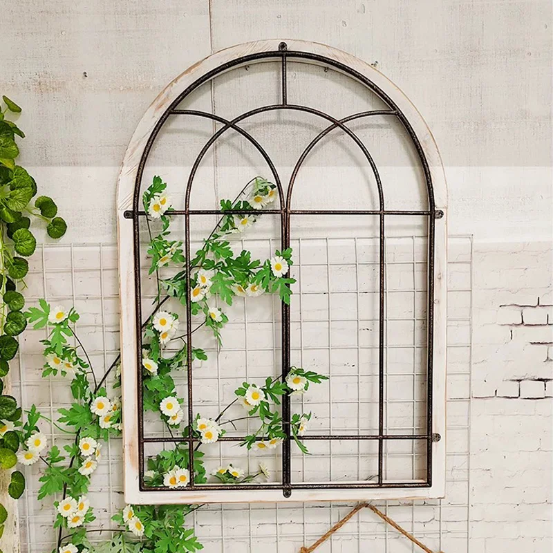 Rustic Arch Window Frame Wall Decor, Metal and Pine Wood, 35.8 x 25.8 inches, Antique White