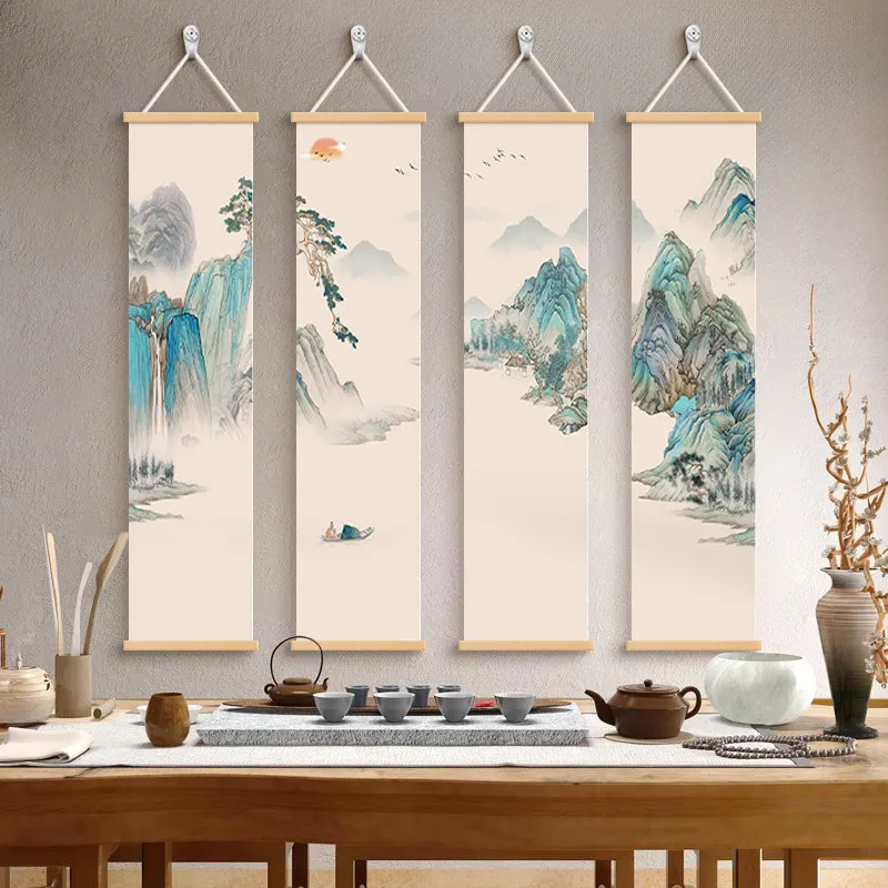 Wall Art Azure Mountains and Winding Rivers Chinoiserie Pearlescent Canvas Hanging Scroll with Wooden Rods for Study Tea Room