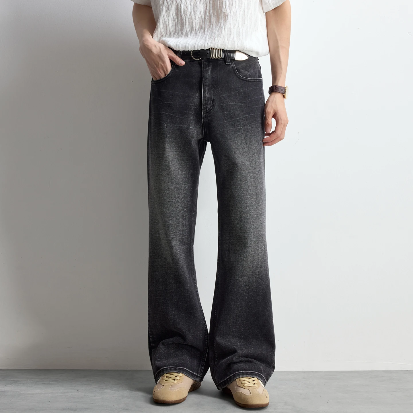 

Американские винтажные джинсы мужские весенне-летние, модные повседневные свободные джинсы из выстиранного денима с легким клешем, брюки