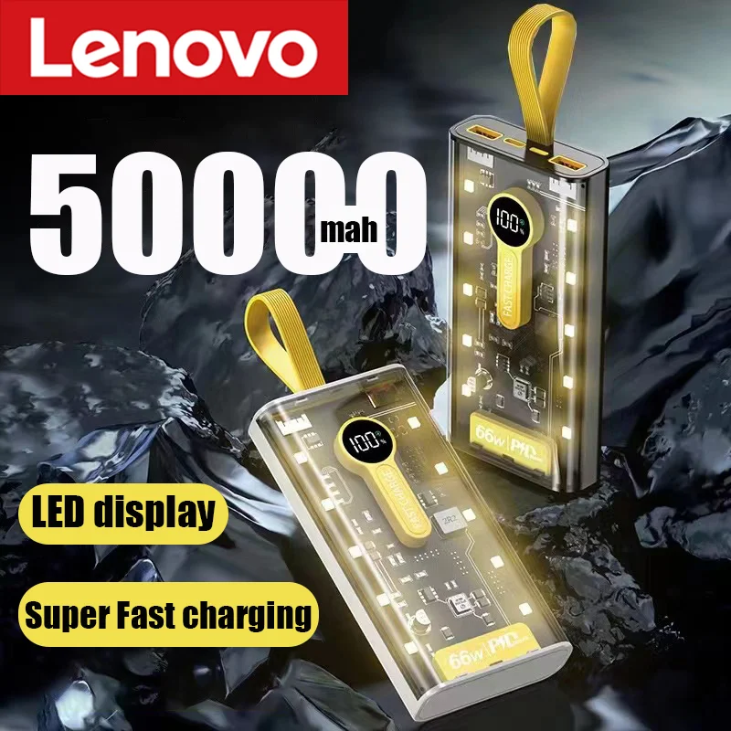 Lenovo 50000mAh Power Bank 66W Fast High-capacity Built-in Cables External Battery LED Light PowerBank for iPhone Samsung 2024