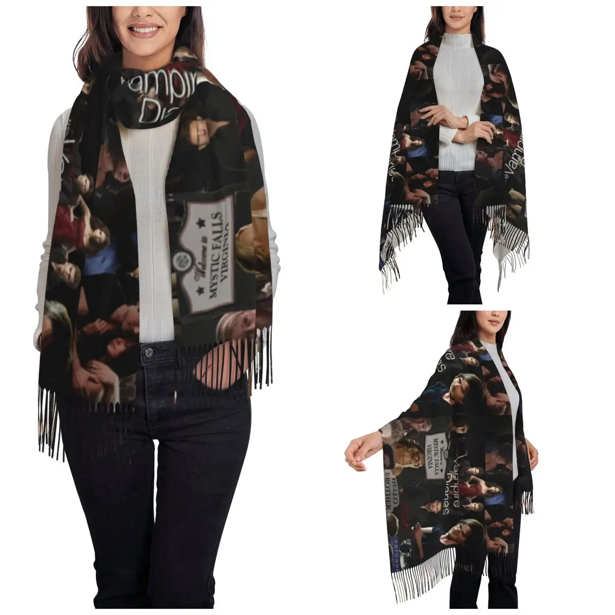 The Vampire Diaries Collage Scarf for Women Fall Winter Pashmina Shawl Wrap TV Series Large Scarves with Tassel for Ladies