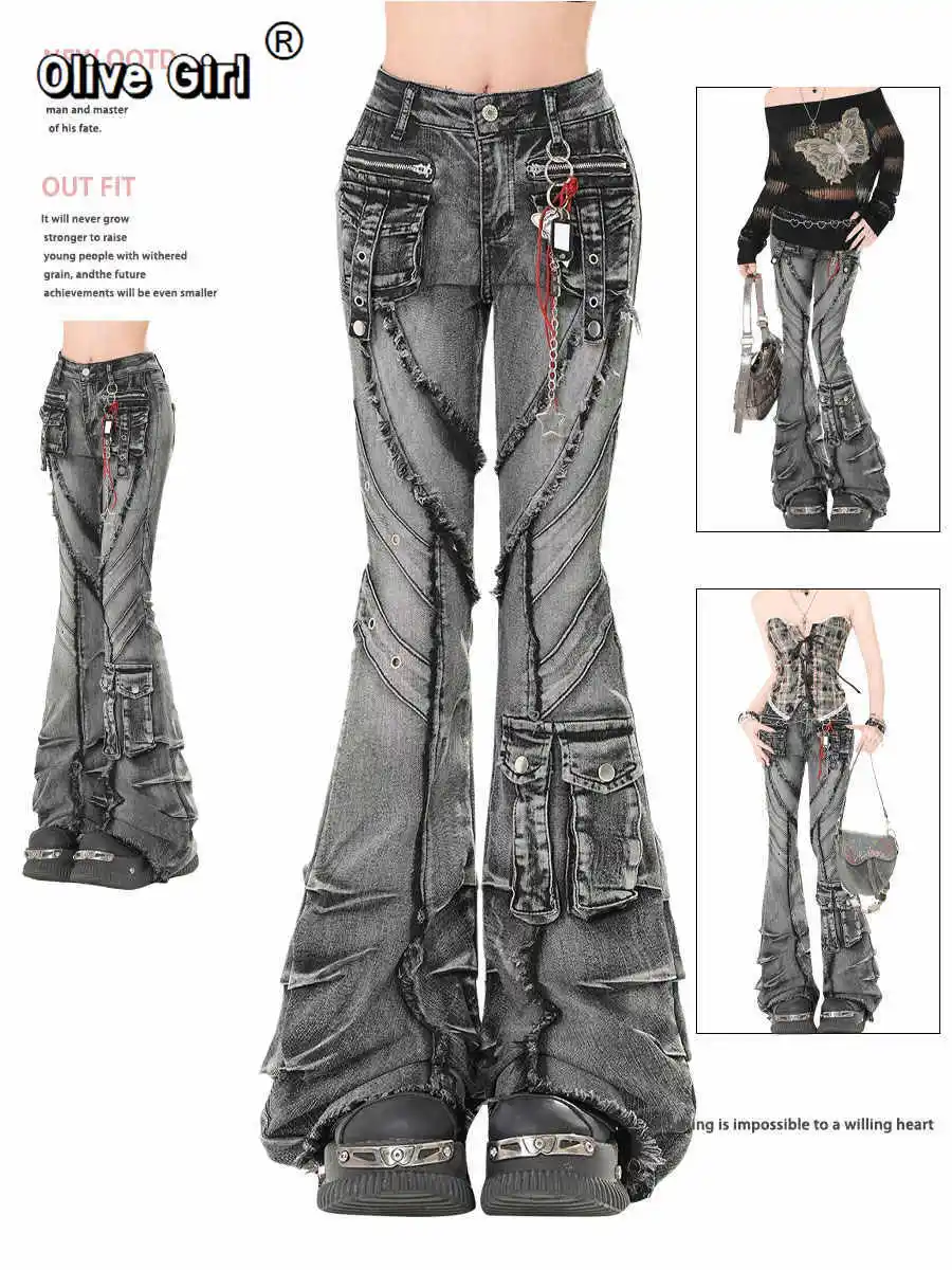 

2026 Весна Зима Женские джинсы Джинсовые брюки Темные академические брюки-карго расклешенные брюки-клеш Дизайнер Kpop Японский Y2k 2000-х годов Goblin Core