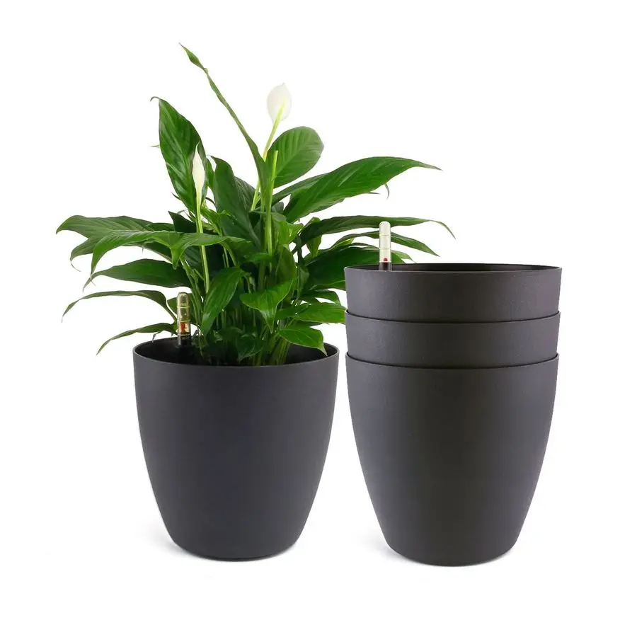 

8.5 Inch Plastic Self Watering Planter with Water Level Indicator Black Set of 4, Modern Decorative Planter Pot for All House Pl