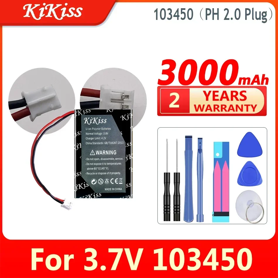 3000mAh KiKiss High Capacity Battery 103450 (PH 2.0 Plug) for 3.7V 103450 PS4 Cameras GPS Bluetooth Speak Digital Batteria