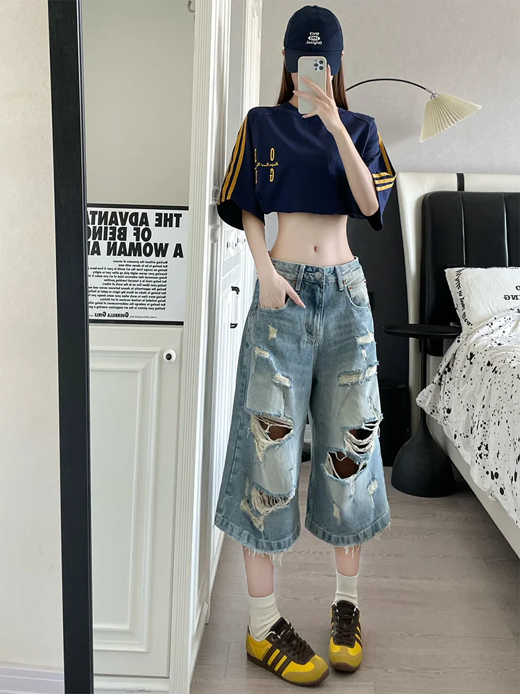 

Large Size American Retro Washed Hole Design Denim Pants Women's Personality Trend Loose Slimming Seven-Five Pants