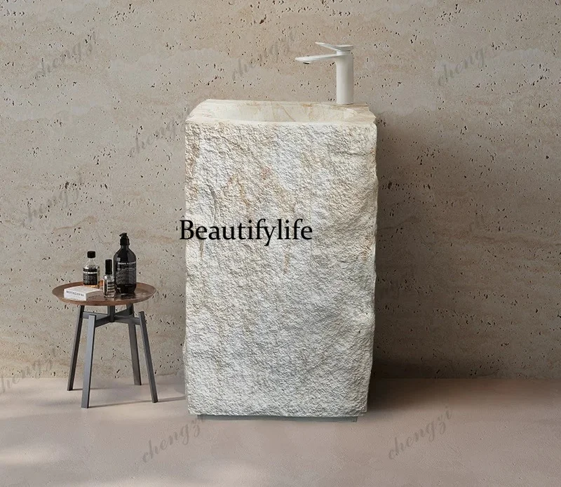 

P37 Cream-style column basin integrated floor-standing travertine washbasin, personalized art high-end marble
