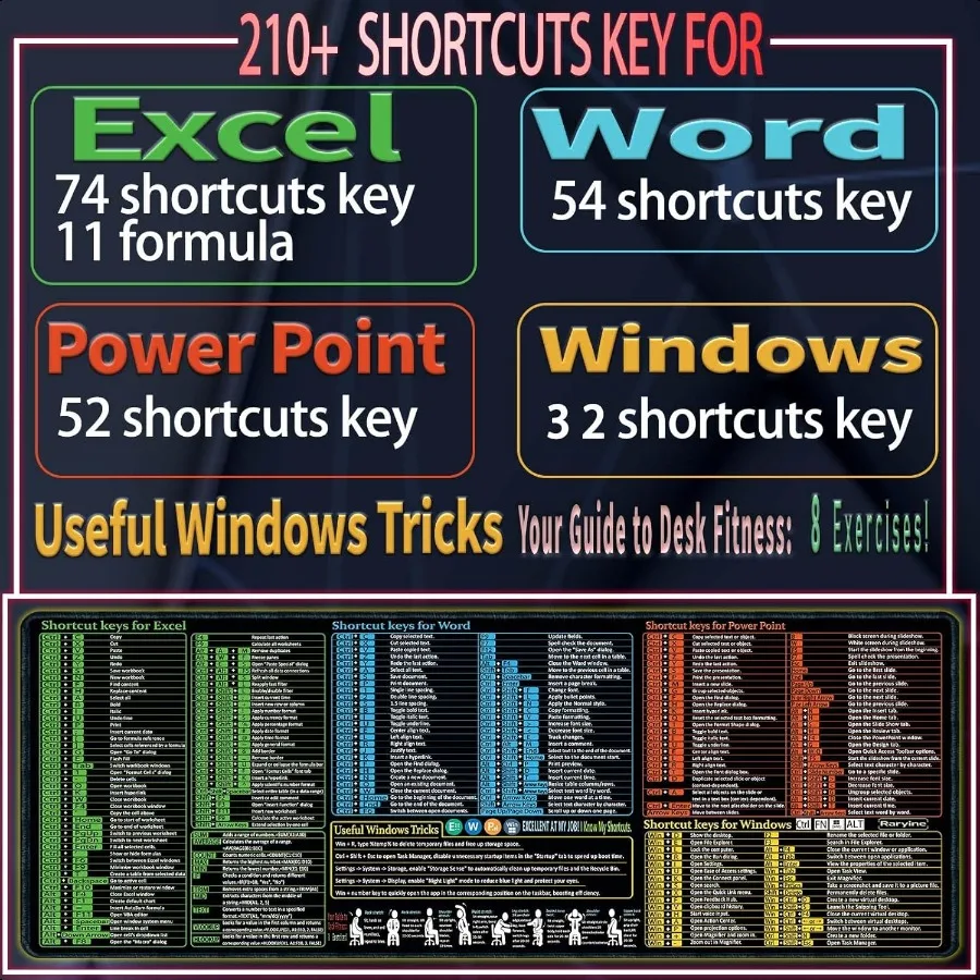Excel Word Power Point Windows Mouse PadNonSlipWaterproof كبير للألعاب مكتب الكمبيوتر حصيرة مكتبية أكثر من 200 اختصارات لوحة المفاتيح لوحة الماوس