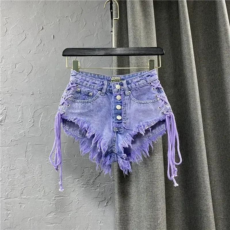 2024 verão novo feminino roxo shorts moda sexy baixo aumento único breasted a linha denim shorts com alça calças quentes femininas