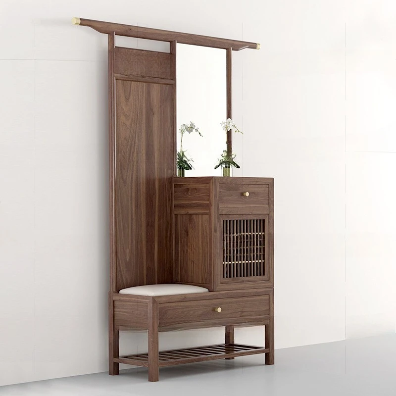 Nuovo mobile da ingresso cinese con porta in legno di noce nera, cambio scarpe in legno massello, vestiti e cappelli multifunzionali