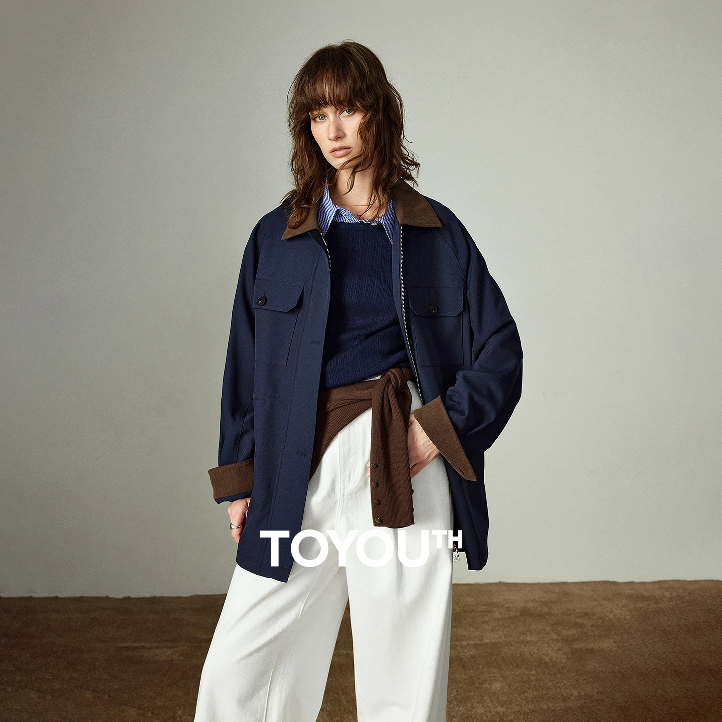 TOYOUTH Women Jackets 2025 Winter New Retro Color-block Lapel Waist-cinched Mid-length Cargo Jackets