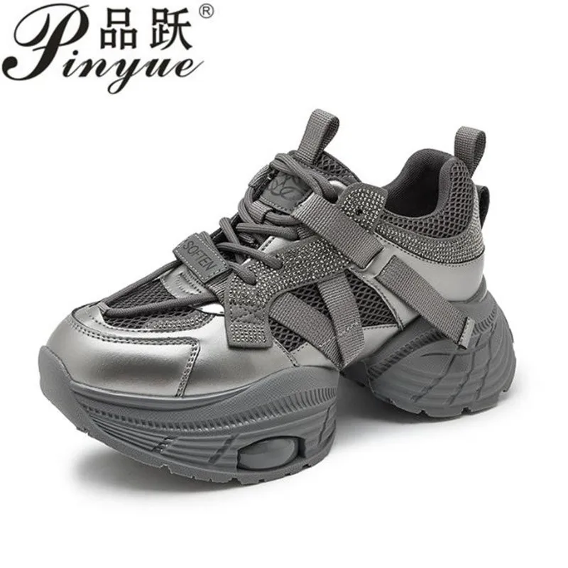 7cm Platform Wedge Sneakers Genuine Leather Skate Board Vulcanized Chunky Hidden Heel Block Boots Silver fashion daddy shoes 40