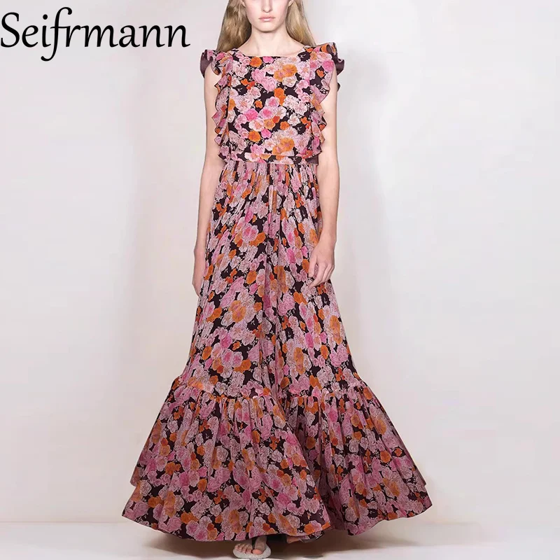 Seifrmann Elegancka damska sukienka na imprezę z kwiatowym nadrukiem i kwadratowym dekoltem z falbanami Sukienki z wysokim stanem