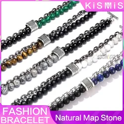 1PC New Stonego Natural Map Stone Mens Beaded Bracelet Stainless Steel Bracelets Mens Jewelry Fashion Gifts for Men