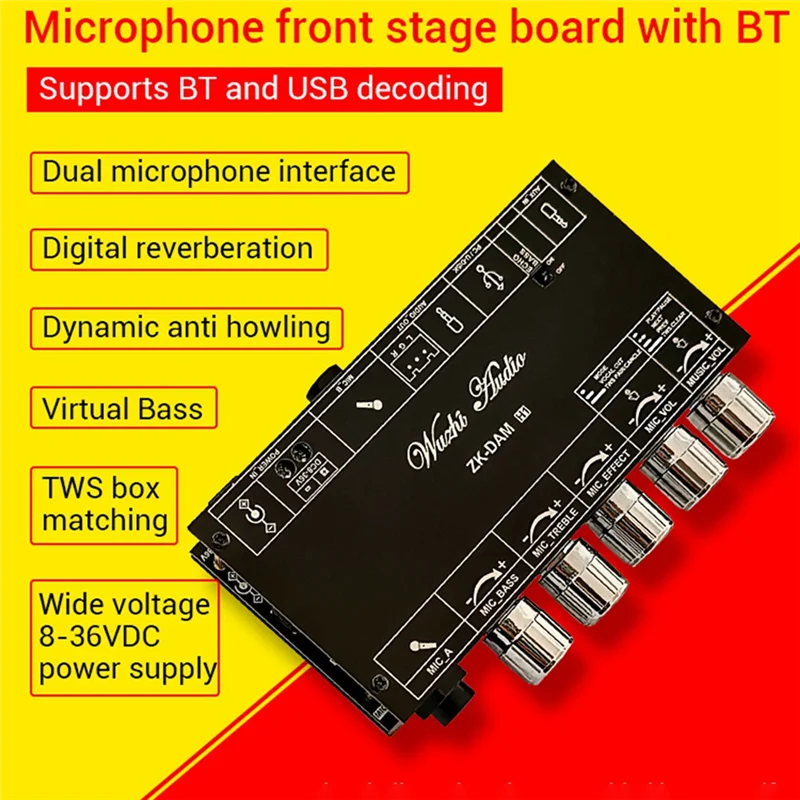 DAM H1 Karaoké Reverb Board Microphone Panneau de scène avant Microphone à effet frontal Chant avec carte de décodage USB Bluetooth (B)