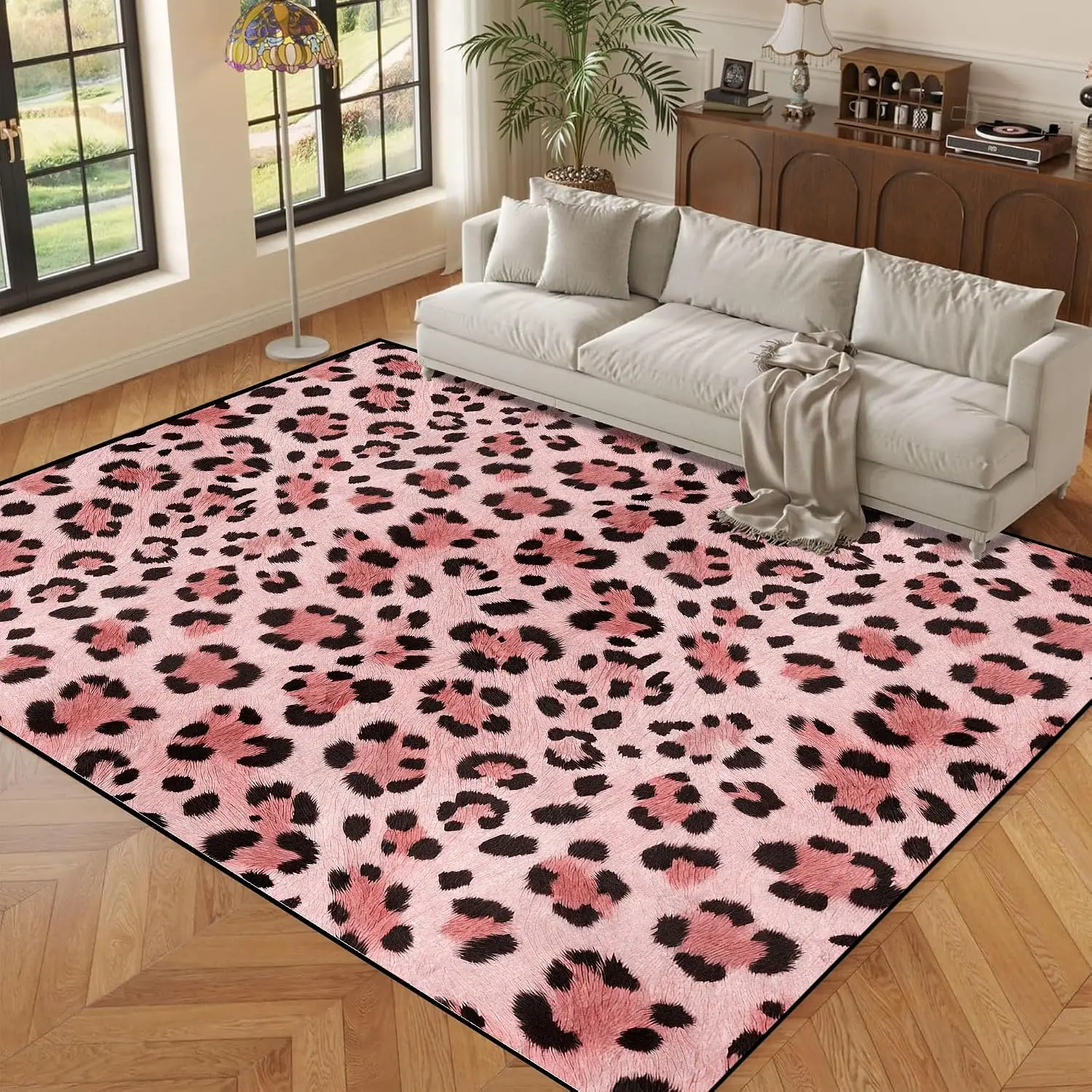 Pink Leopard Cheetah Print Washable Rug, Modern Girly Carpet for Girls Bedroom Living Room Playroom